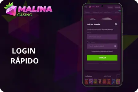 Formulário de login rápido para aceder à conta no Malina Casino