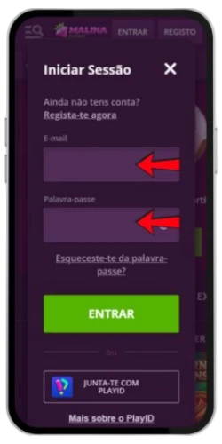 Onde encontrar o botão de login na página principal do Malina Casino