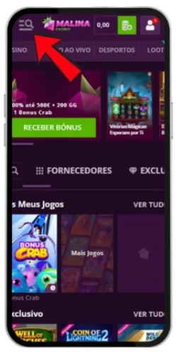 Abrir o menu principal no Malina Casino
