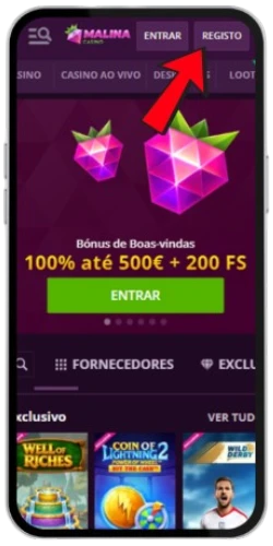 Botão de registo no site do Malina Casino