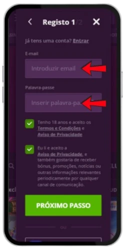 Formulário de registo no Malina Casino com email e palavra-passe