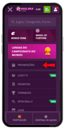 Secção de promoções no menu do Malina Casino